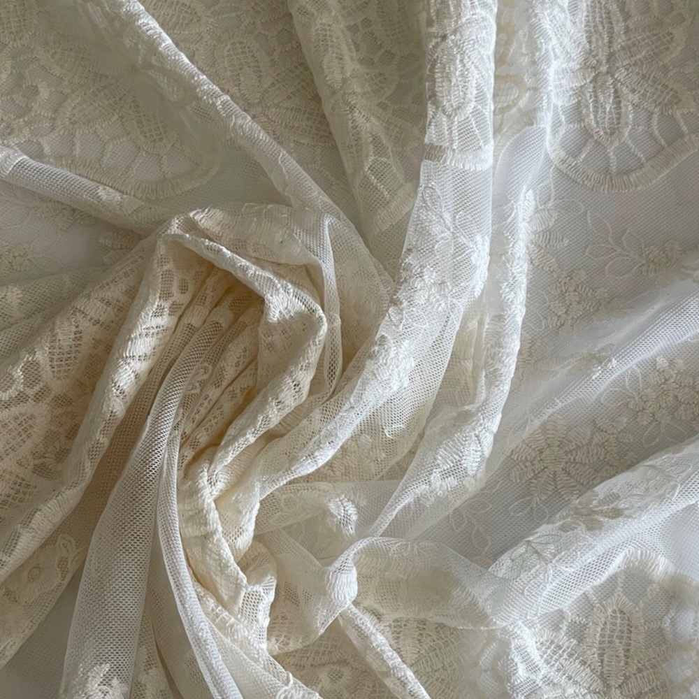 Elegant Lace Floral Embroidered Sheer Mesh Fabric in Cream